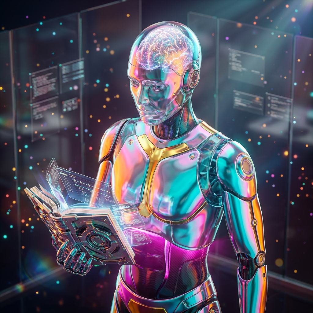 DocketCore — Legal Matter Atlas — Legal category hero — translucent glass humanoid figure with a glowing neural-network brain visible inside its head in sleek high-tech laboratory with glass walls, floating data panels and particle light