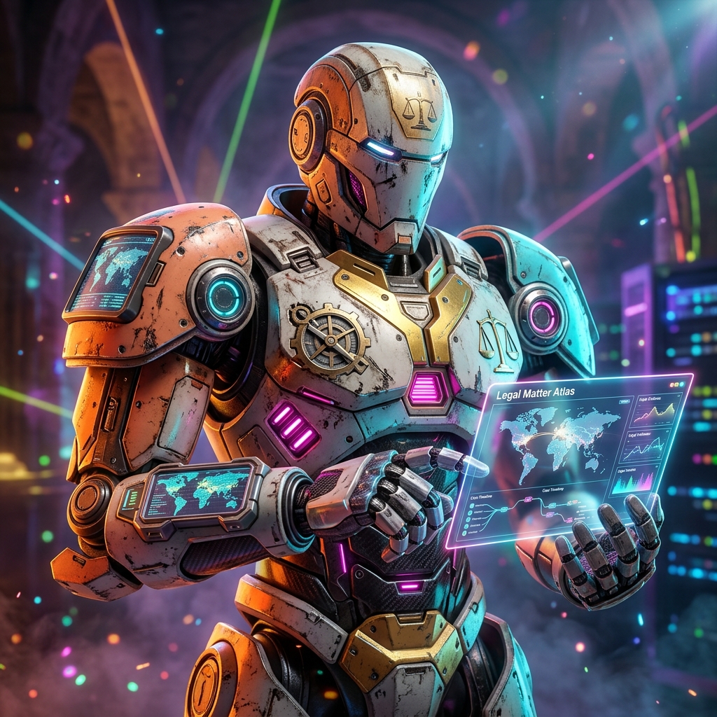 Docketeer · Legal Matter Atlas — Legal category hero — war-worn but heroic mech pilot robot with painted panels, weathered detail, cinematic hero lighting in underground rave-like data cathedral with laser beams cutting through smoke