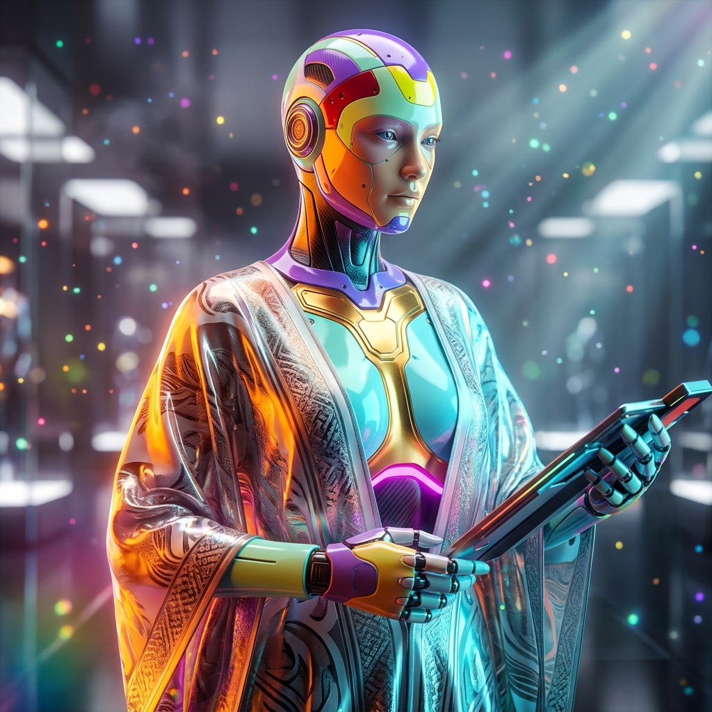 DocketHaven — Legal Matter Atlas — HR & Recruiting category hero — elegant fashion-forward android in flowing reflective couture fabric, editorial pose in chrome-and-glass showroom with mirrored floor and rim-lit product staging