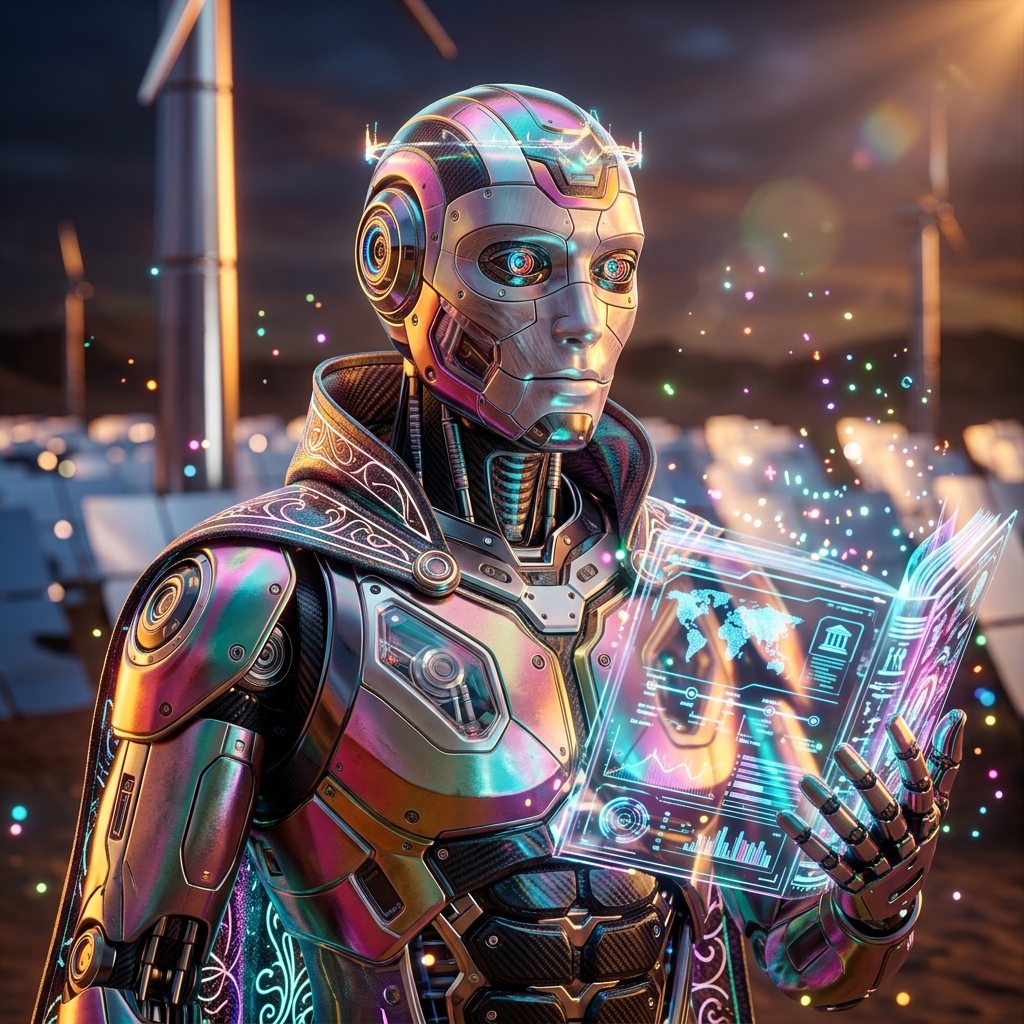 Docketline Atlas | Legal Matter Intelligence — Legal category hero — sci-fi wizard robot with a floating spellbook of holographic glyphs and light particles in desert solar farm at magic hour with reflective sand and towering chrome pylons