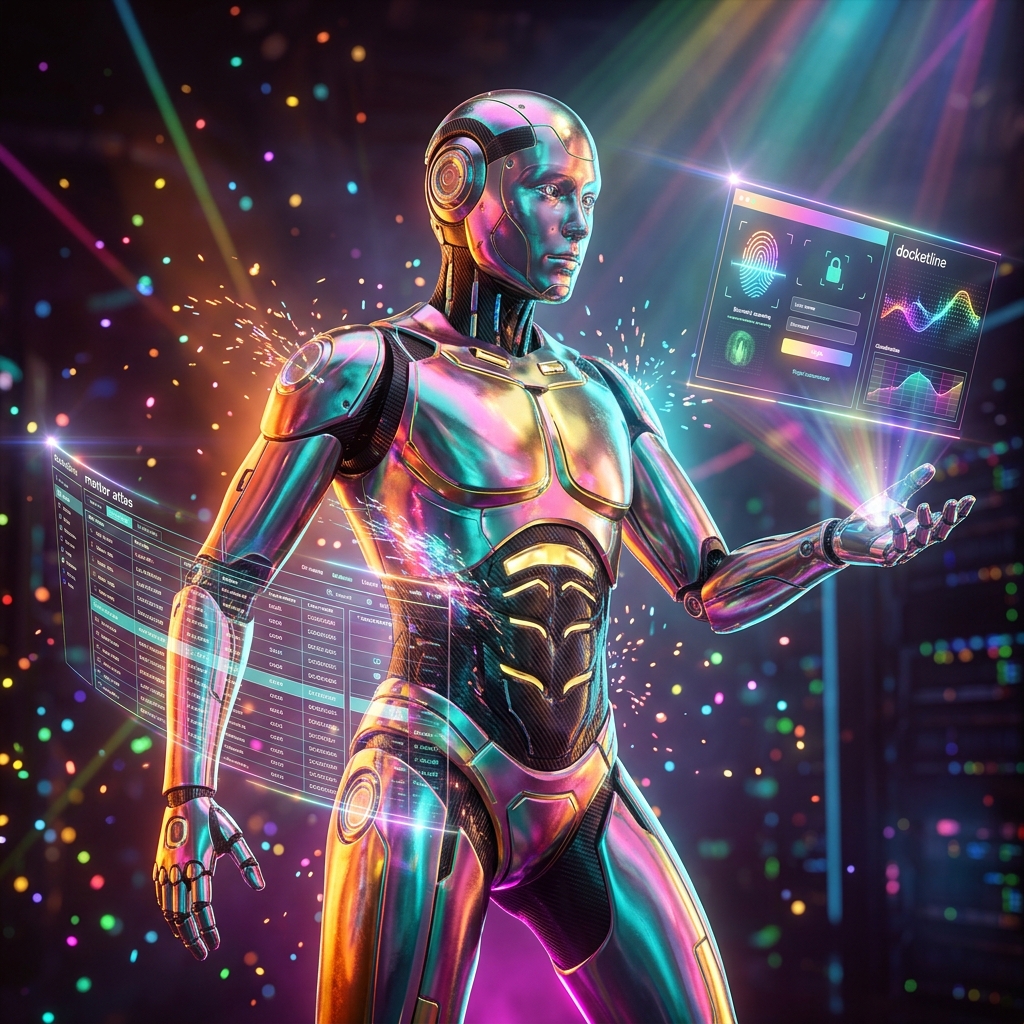 Docketline — client portal & matter atlas — CRM category hero — chrome-plated bipedal android caught mid-motion, sparks and light particles trailing around it in underground rave-like data cathedral with laser beams cutting through smoke