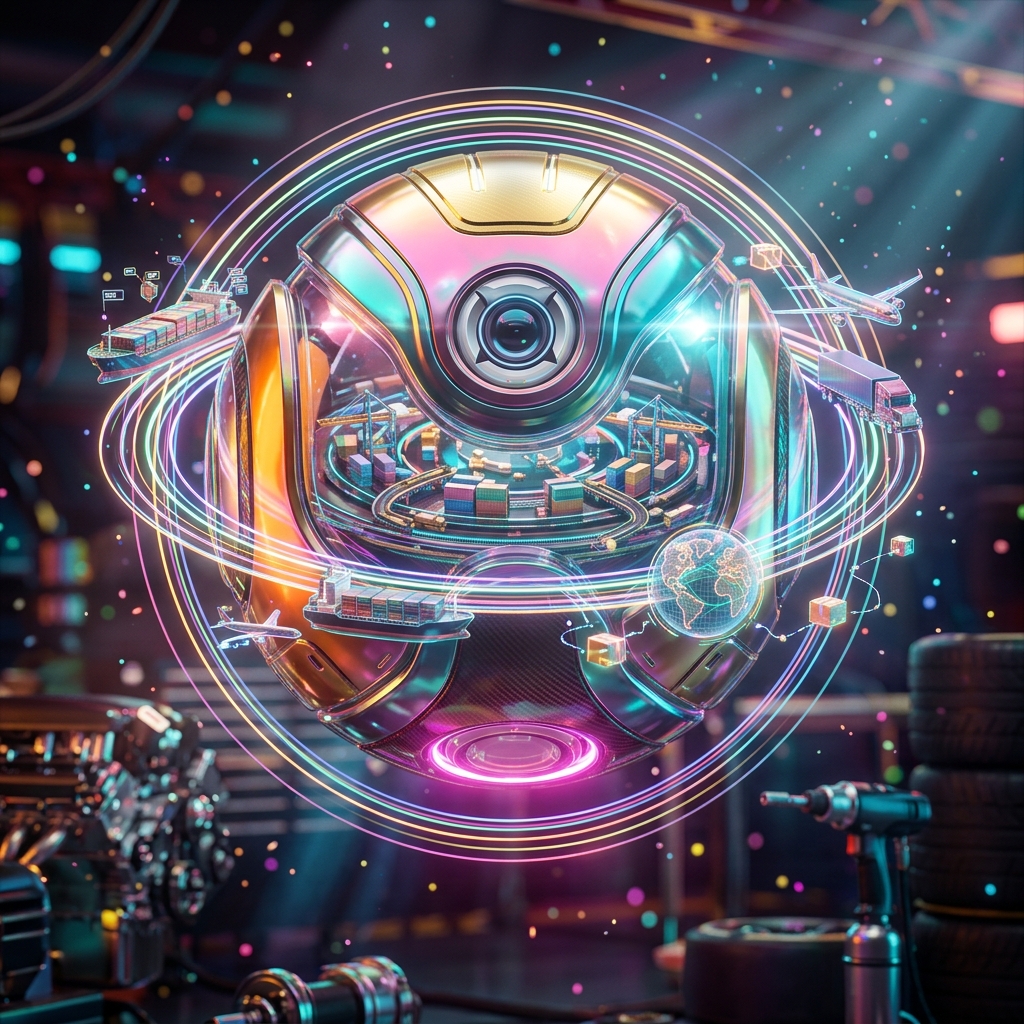 DocketMap — Logistics & Freight Matter Atlas — Delivery category hero — floating spherical AI orb with concentric glowing rings and orbiting holographic icons around it in Formula-1 style pit garage with saturated color lighting and mechanical detail
