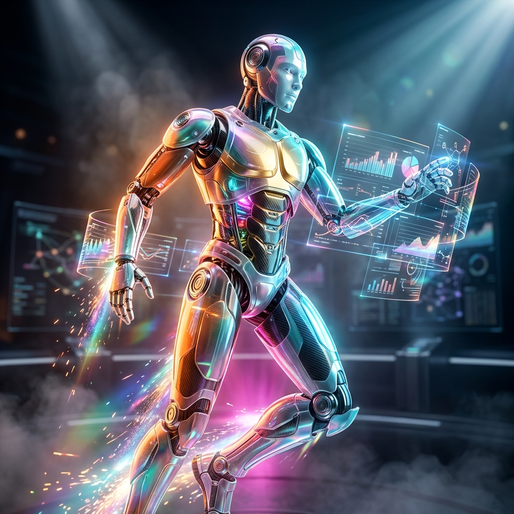 DocketPilot — Legal Matter Atlas — Analytics category hero — chrome-plated bipedal android caught mid-motion, sparks and light particles trailing around it in dark cinematic stage with dramatic spotlights streaming down and a hazy atmospheric fog