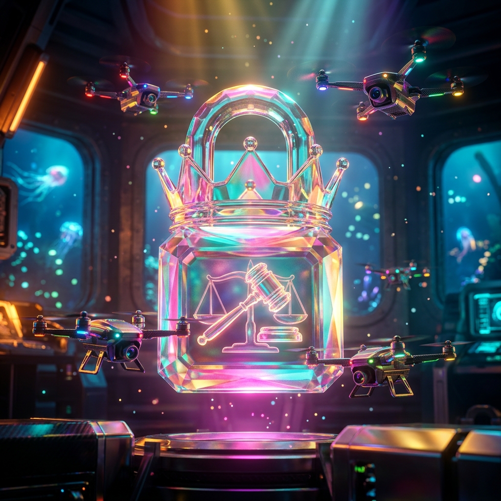 DocketPlex — Legal Matter Atlas — Social Media category hero — glowing digital shield / padlock / crown / crystal object at the frame center, protected by hovering tech drones in deep-sea research bay with bulkhead windows onto a bioluminescent ocean