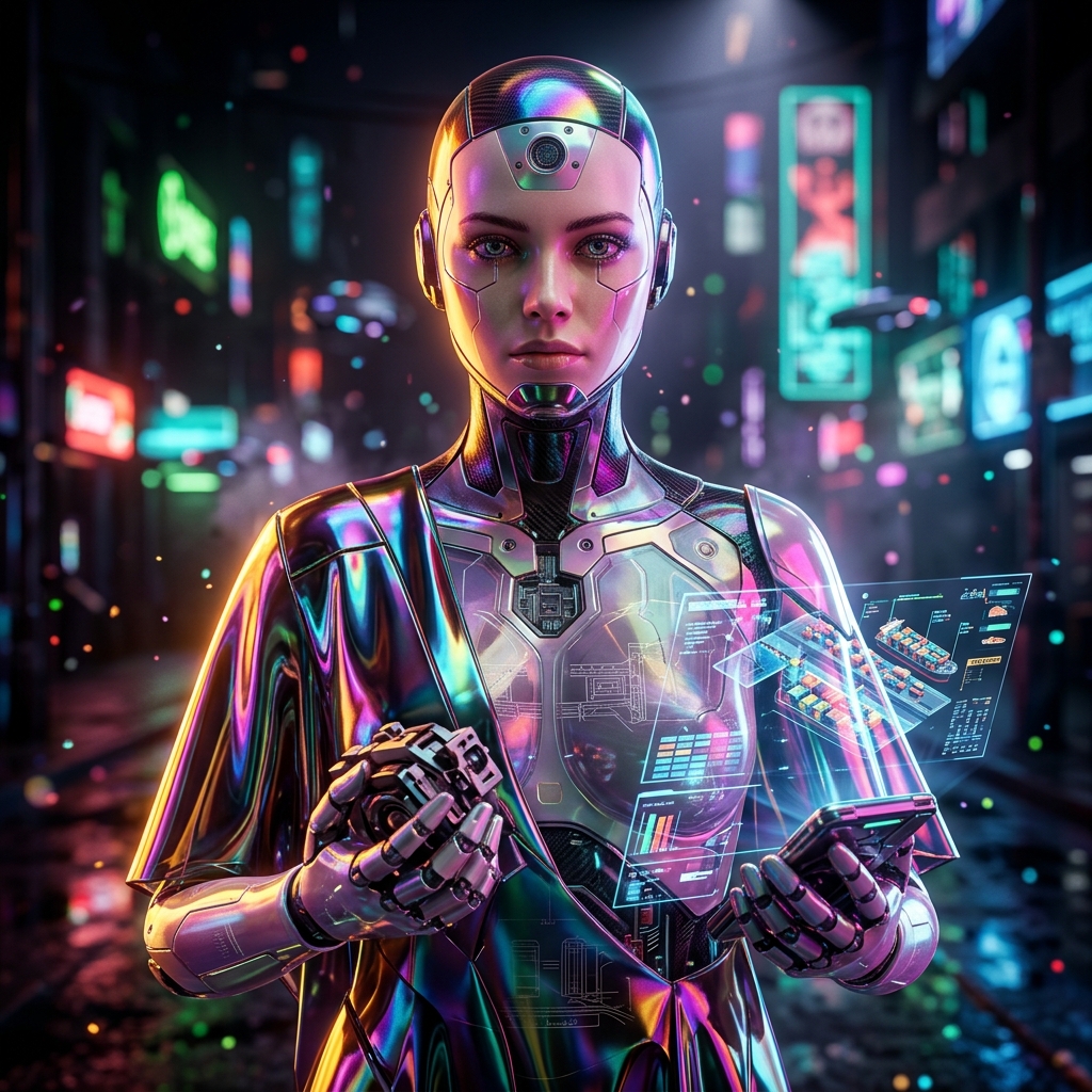 DockFlow Pro | Terminal Operations & Compliance Intelligence — Shipping & Logistics category hero — elegant fashion-forward android in flowing reflective couture fabric, editorial pose in neon-lit cyberpunk street at night, wet pavement reflections, hovering holograms in the background