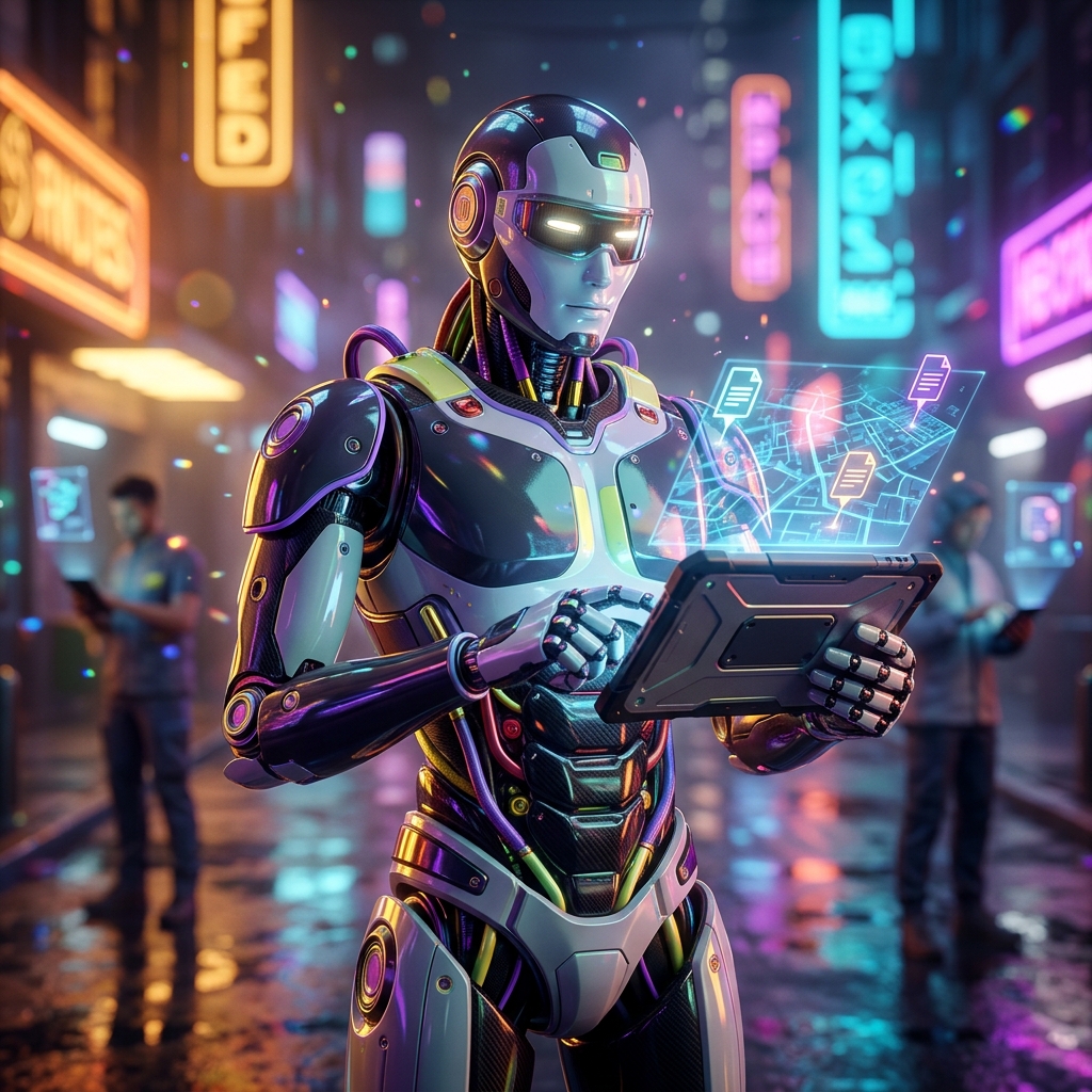 DocuGrid Command — Field Operations Grid for Document Management — Document Management category hero — hyper-detailed humanoid robot with glossy plating and glowing visor eyes, striking a confident hero pose in the center of the frame in neon-lit cyberpunk street at night, wet pavement reflections, hovering holograms in the background