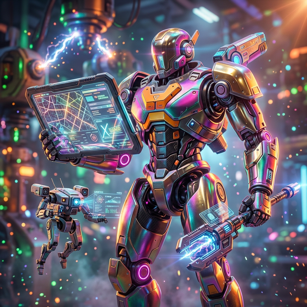 DocuGrid Dispatch — Field Operations & E-Signature Command — Document Management category hero — duo of contrasting robots — one large hero mech and a small companion droid — composed cinematically in magnetic-levitation factory floor with sparking arcs of electricity and machinery