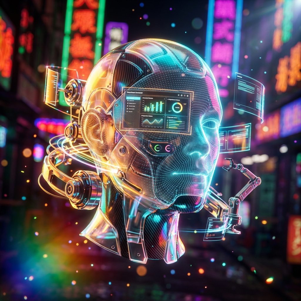 DocuVault Command — Document Lifecycle & E-Signature Control — Document Management category hero — wireframe holographic human head made of glowing data points, floating in the frame center in Blade-Runner-style noodle-shop alley with dense neon signage in the background