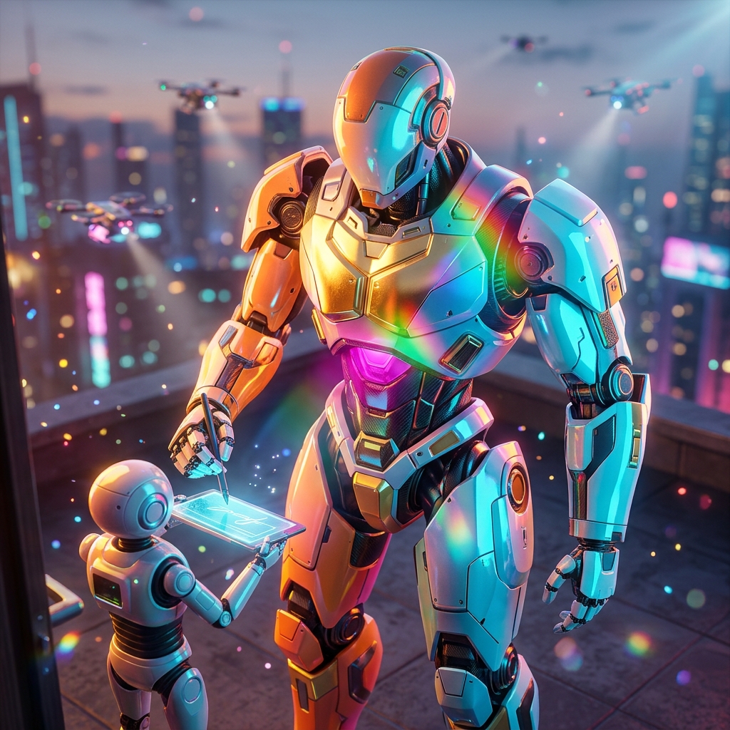 DropProof — Last-Mile Delivery Compliance Ledger — Delivery category hero — duo of contrasting robots — one large hero mech and a small companion droid — composed cinematically in rooftop overlooking a neon megacity skyline at dusk, drones flying in the distance