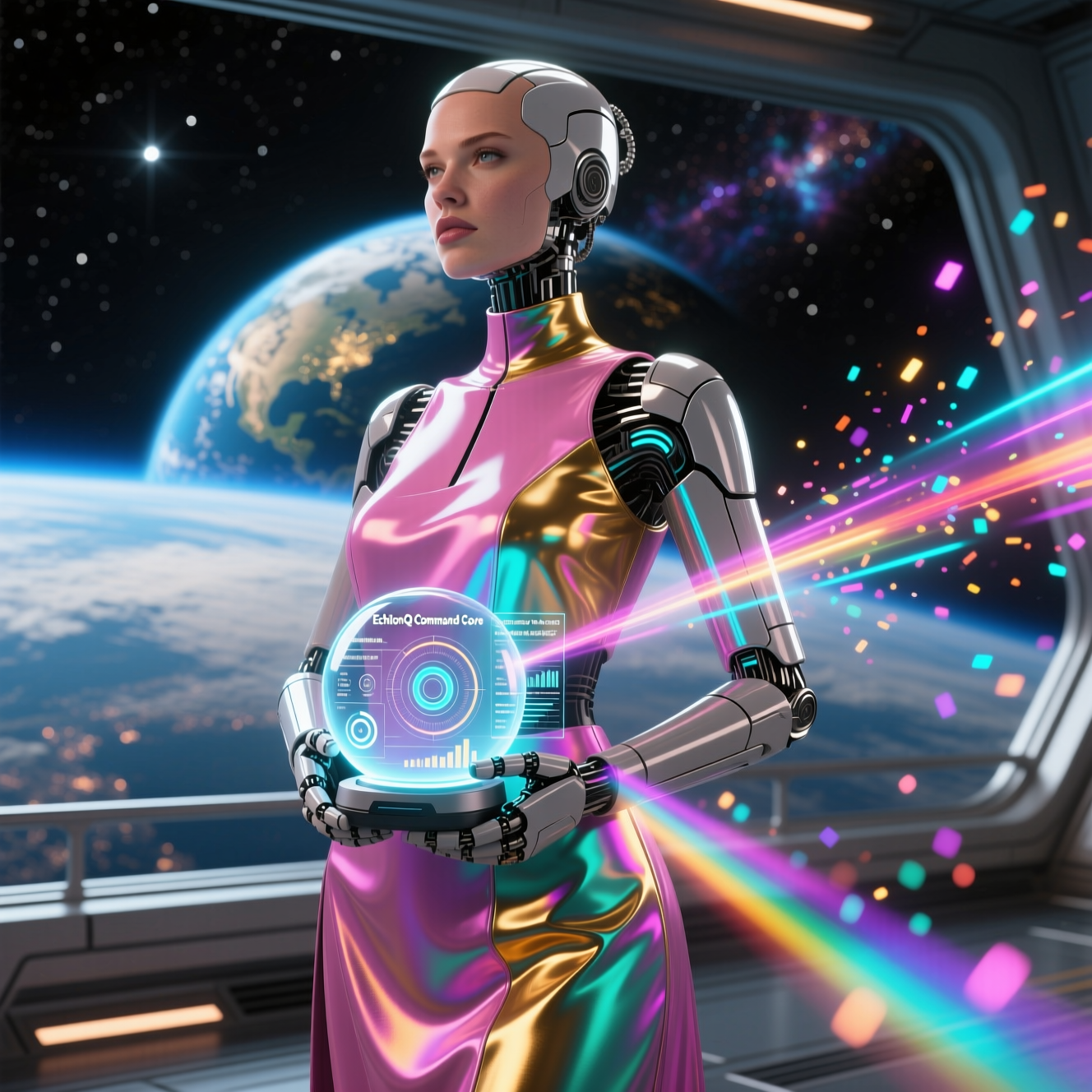 EchelonQ — Executive Case Command Center — Medical Services category hero — elegant fashion-forward android in flowing reflective couture fabric, editorial pose in orbital space station observation deck with a planet glowing outside the panoramic window