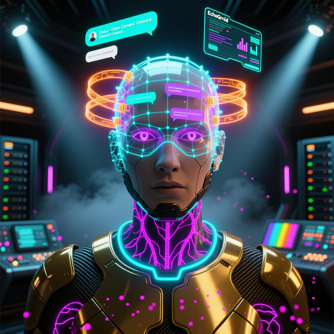 EchoGrid Command — Chatbot Mission Control Cockpit — Chatbots category hero — wireframe holographic human head made of glowing data points, floating in the frame center in dark cinematic stage with dramatic spotlights streaming down and a hazy atmospheric fog