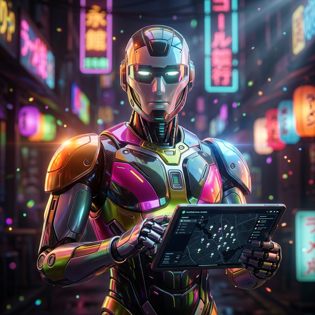 EcoField Atlas — Environmental Field Data Command — Science category hero — hyper-detailed humanoid robot with glossy plating and glowing visor eyes, striking a confident hero pose in the center of the frame in Blade-Runner-style noodle-shop alley with dense neon signage in the background