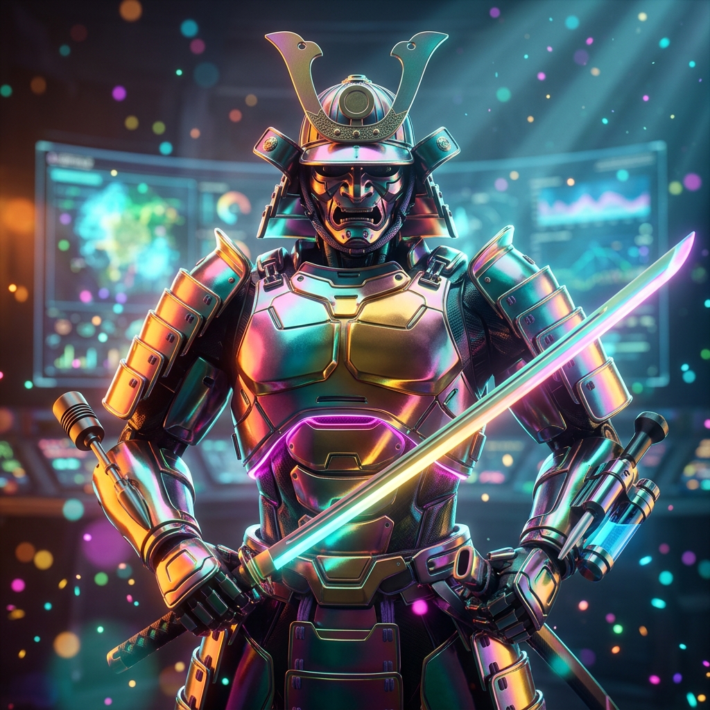 EcoField Atlas — Environmental Scientist Field & Lab Command — Science category hero — majestic samurai-styled mech in lacquered armor with neon under-glow, katana of light in hand in futuristic control room with massive glowing holographic screens and volumetric light rays