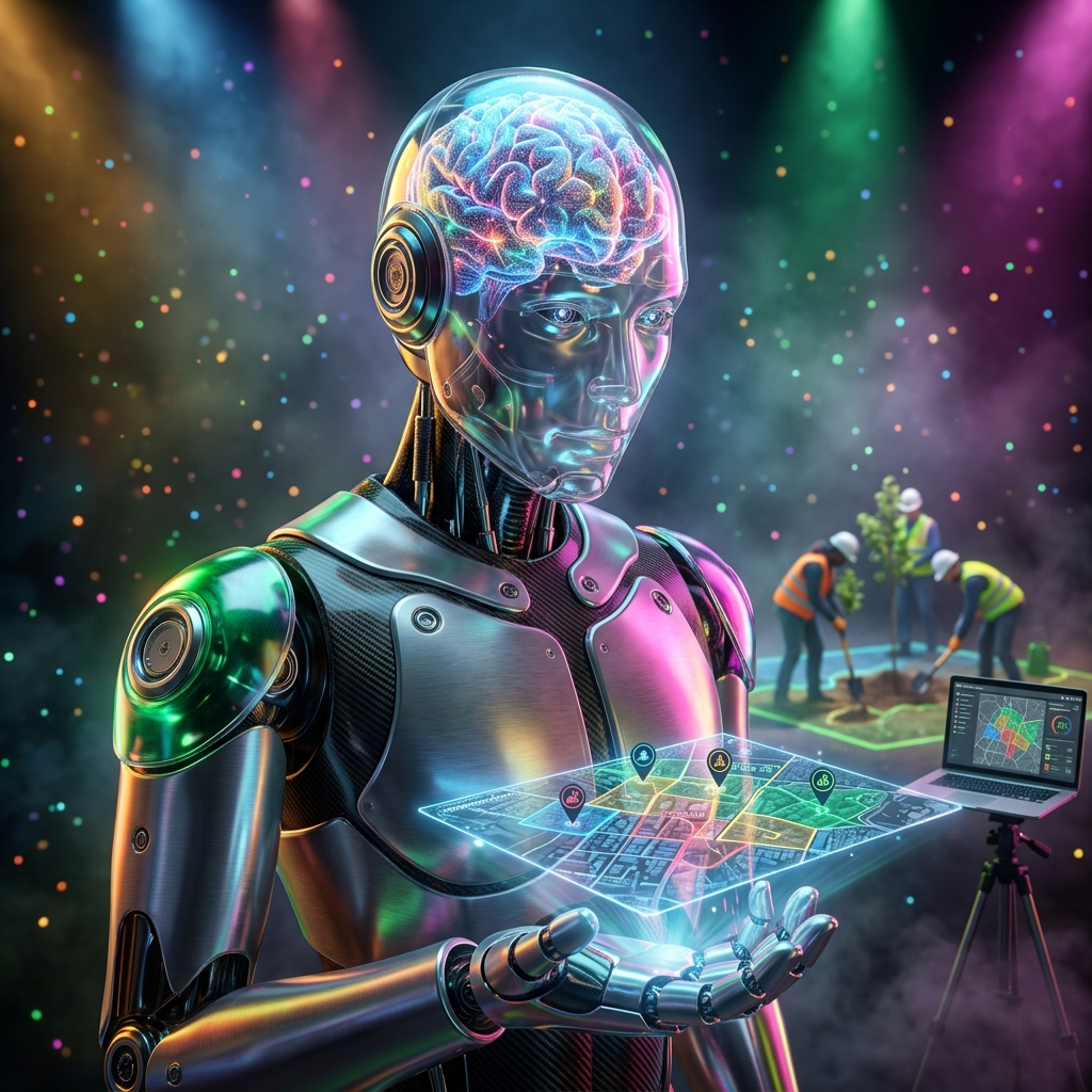 EcoGrid Dispatch — Sustainability Field Operations & ESG Command — Energy category hero — translucent glass humanoid figure with a glowing neural-network brain visible inside its head in dark cinematic stage with dramatic spotlights streaming down and a hazy atmospheric fog