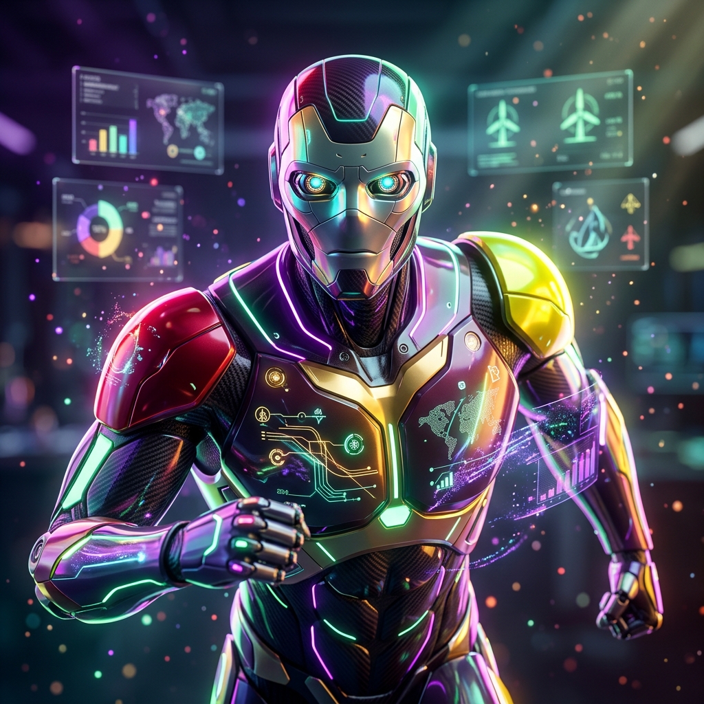 EcoPact Atlas | Environmental Impact Command — Energy category hero — sleek sports-car-inspired bipedal android mid-motion, carbon-fiber musculature and glowing accent lines in sleek high-tech laboratory with glass walls, floating data panels and particle light
