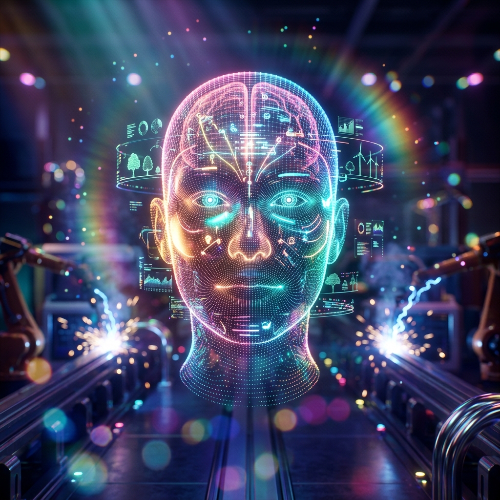 EcoVantage Command — Environmental Impact Case Control — Analytics category hero — wireframe holographic human head made of glowing data points, floating in the frame center in magnetic-levitation factory floor with sparking arcs of electricity and machinery
