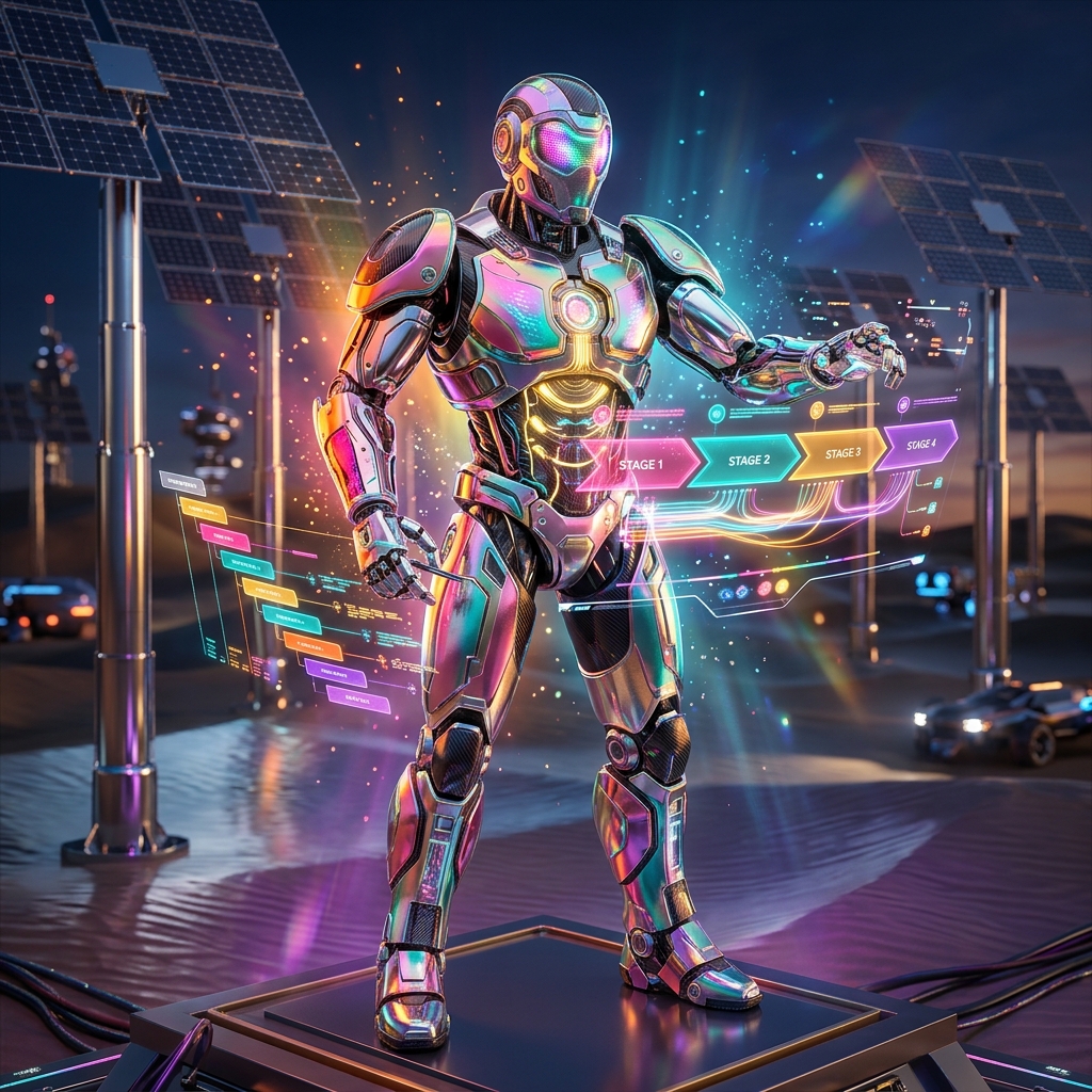 EditFlow Studio — Creative Production Command Center — Project Management category hero — hyper-detailed humanoid robot with glossy plating and glowing visor eyes, striking a confident hero pose in the center of the frame in desert solar farm at magic hour with reflective sand and towering chrome pylons