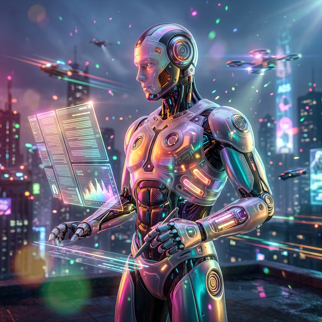 Editorial Foredeck — Mission control for modern blogging teams — Blogging category hero — cinematic cyborg character seen in three-quarter profile, exposed circuitry glowing beneath translucent skin, intense neon rim light in rooftop overlooking a neon megacity skyline at dusk, drones flying in the distance