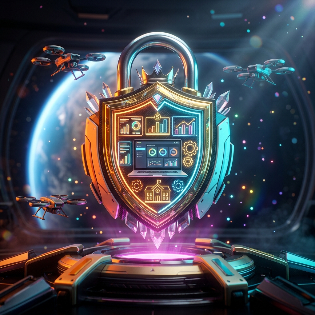 EduLedgerTerminal | School Finance & Operations — Education category hero — glowing digital shield / padlock / crown / crystal object at the frame center, protected by hovering tech drones in orbital space station observation deck with a planet glowing outside the panoramic window