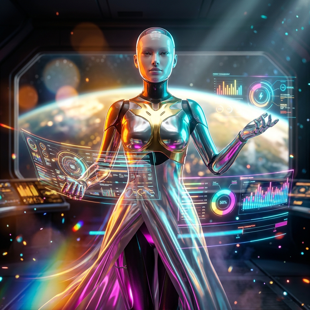 EnergyPulse Command — Energy Management War Room — Energy category hero — elegant fashion-forward android in flowing reflective couture fabric, editorial pose in orbital space station observation deck with a planet glowing outside the panoramic window