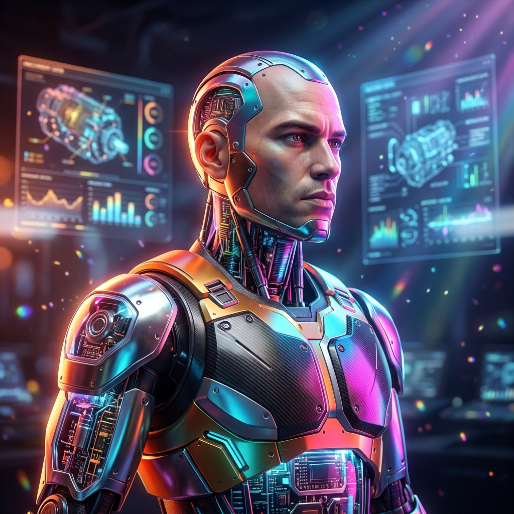 EngineRoom Command | Machinery & Maintenance Intelligence — Engineering category hero — cinematic cyborg character seen in three-quarter profile, exposed circuitry glowing beneath translucent skin, intense neon rim light in futuristic control room with massive glowing holographic screens and volumetric light rays