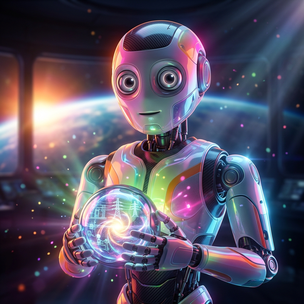 Enviance Ledger — Environmental Impact Command — Energy category hero — friendly Pixar-quality mascot robot with big expressive optical eyes, holding an object that represents the category in orbital space station observation deck with a planet glowing outside the panoramic window