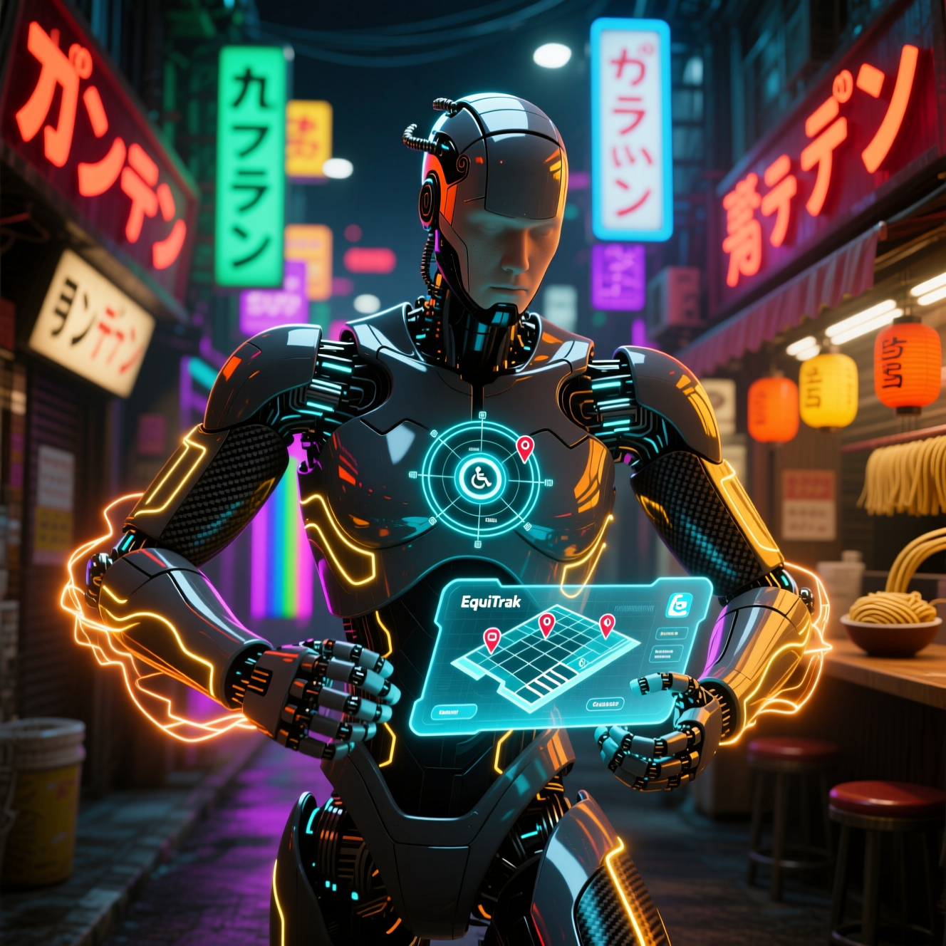 EquiTrak Command — Accessibility Field Operations Grid — Accessibility category hero — sleek sports-car-inspired bipedal android mid-motion, carbon-fiber musculature and glowing accent lines in Blade-Runner-style noodle-shop alley with dense neon signage in the background