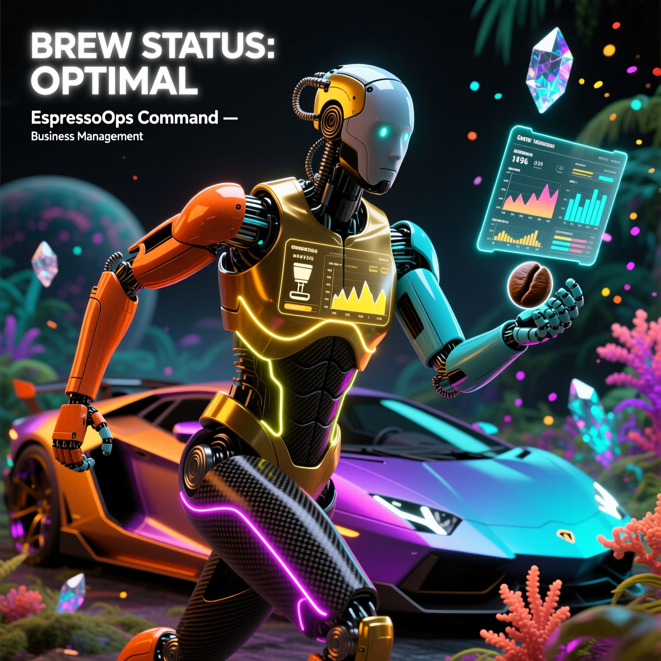 EspressoOps Command — Cafe Mission Control — Business Management category hero — sleek sports-car-inspired bipedal android mid-motion, carbon-fiber musculature and glowing accent lines in alien jungle biome with glowing flora and floating tech artifacts