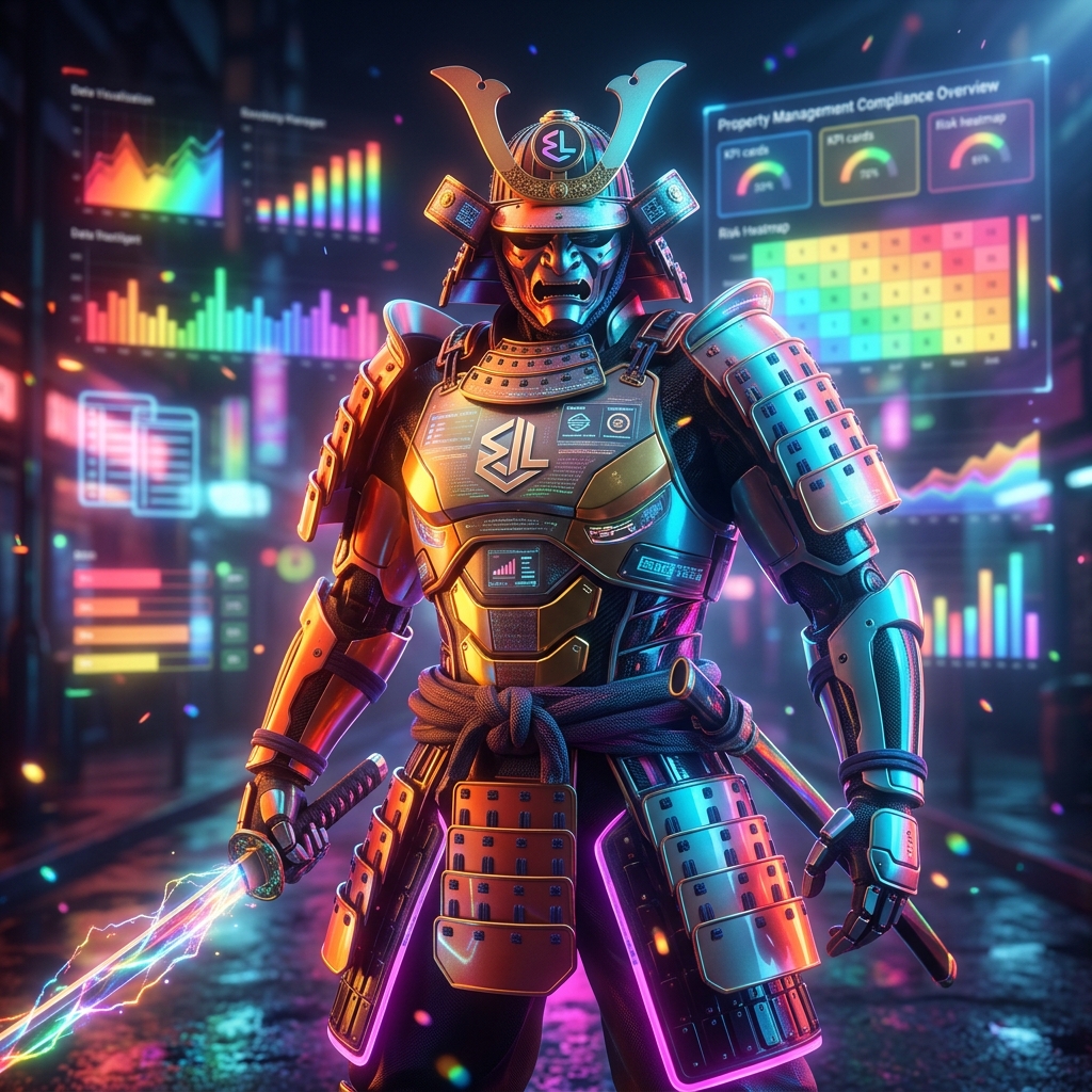 EstateLedger — Compliance Intelligence Ledger for Property & Ren — Real Estate category hero — majestic samurai-styled mech in lacquered armor with neon under-glow, katana of light in hand in neon-lit cyberpunk street at night, wet pavement reflections, hovering holograms in the background