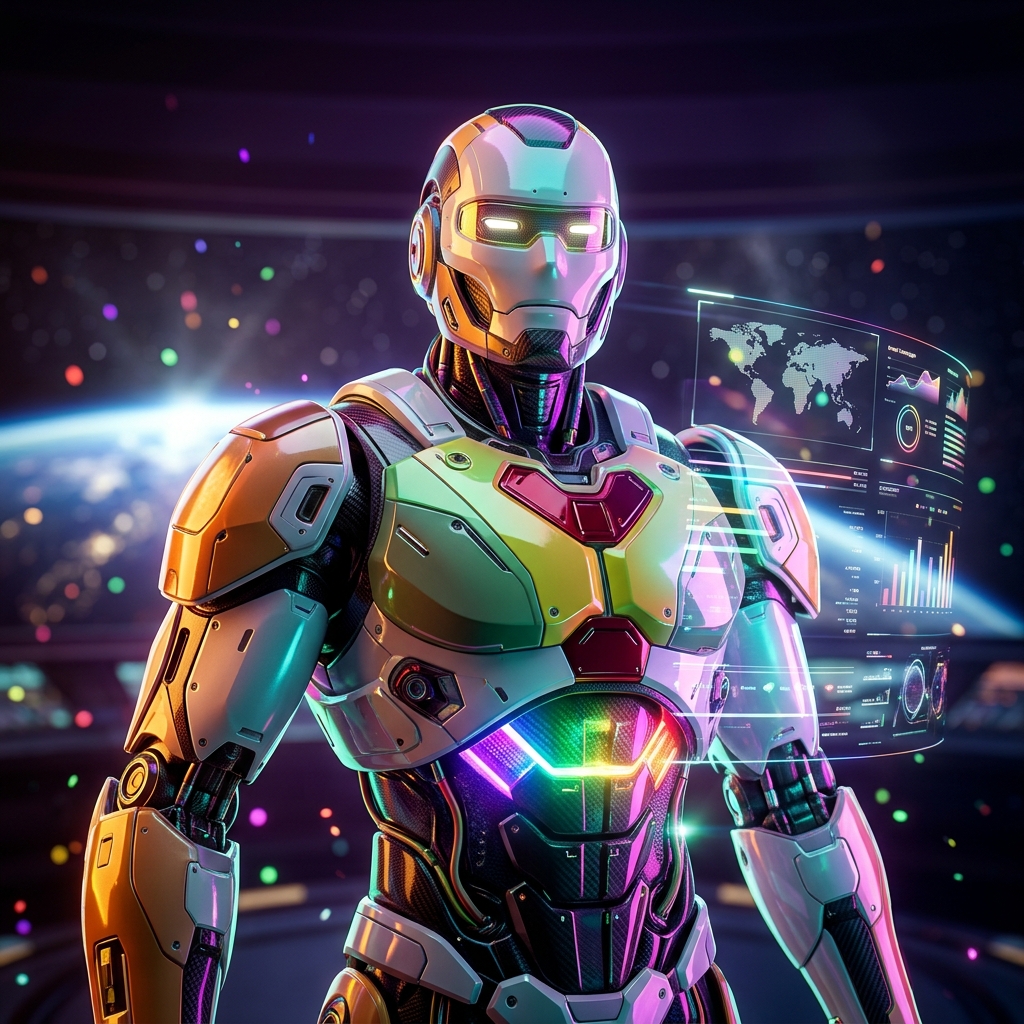EventPilot Command — Event Campaign War Room — Business Management category hero — hyper-detailed humanoid robot with glossy plating and glowing visor eyes, striking a confident hero pose in the center of the frame in orbital space station observation deck with a planet glowing outside the panoramic window