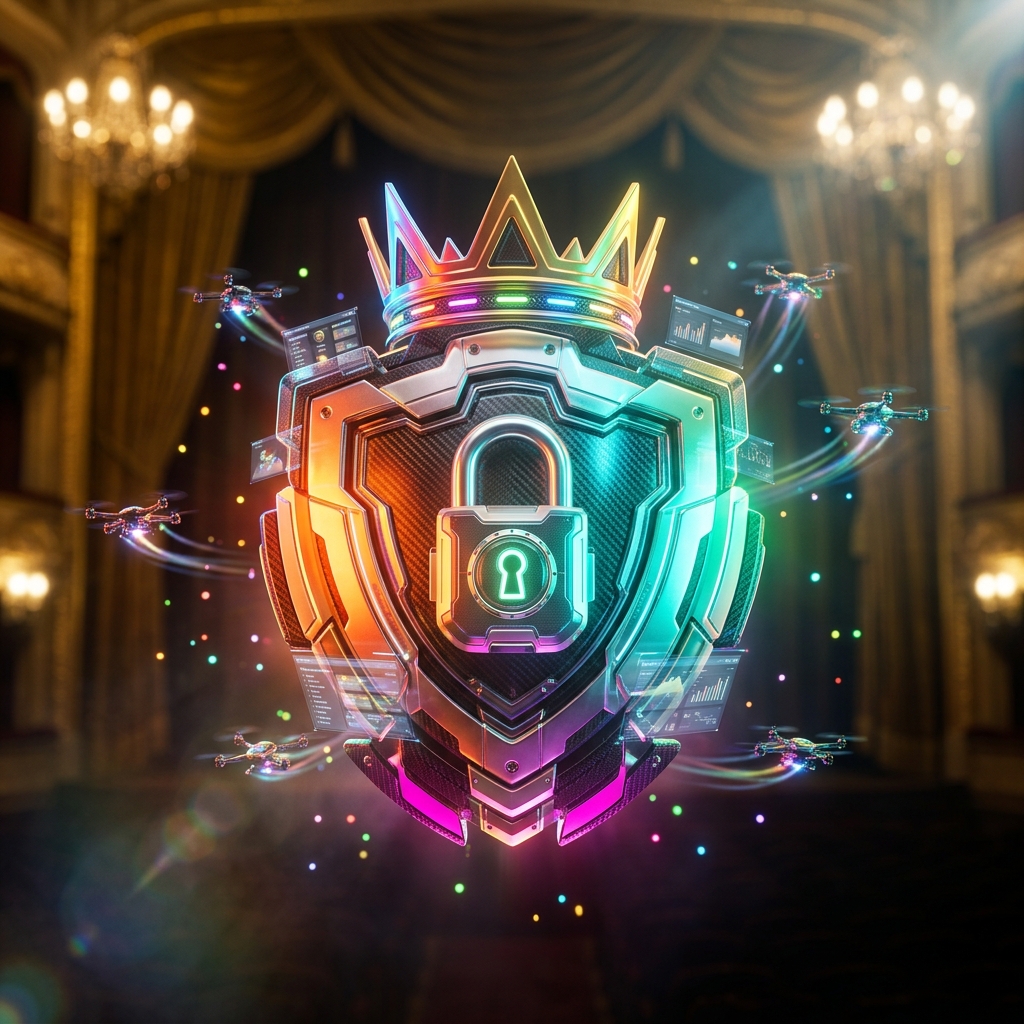 EventPulse Command — Clinical Event Operations — Project Management category hero — glowing digital shield / padlock / crown / crystal object at the frame center, protected by hovering tech drones in golden-lit theater interior with heavy velvet curtains and cinematic chandeliers