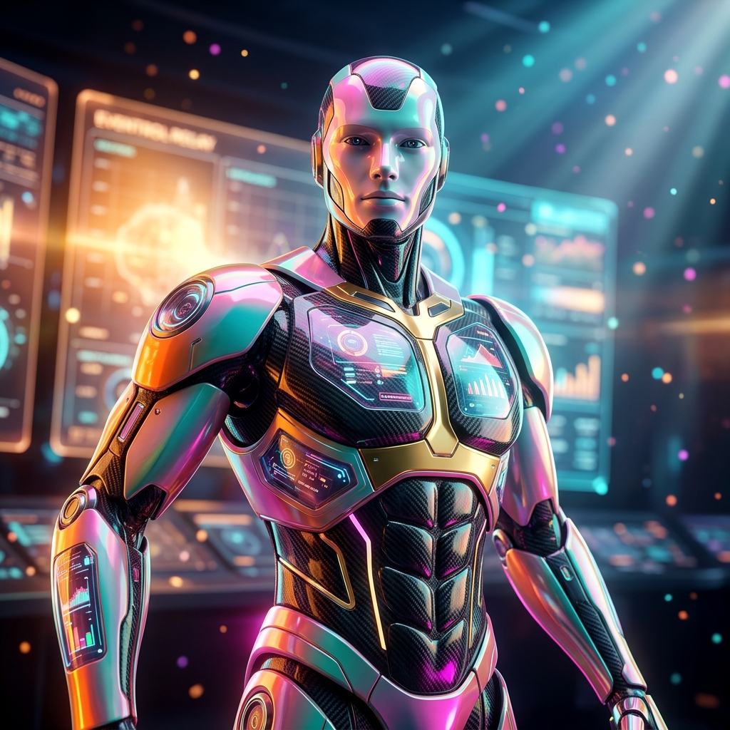 EventRelay — Engineering Reliability Console for Events — 3D Modeling category hero — sleek sports-car-inspired bipedal android mid-motion, carbon-fiber musculature and glowing accent lines in futuristic control room with massive glowing holographic screens and volumetric light rays