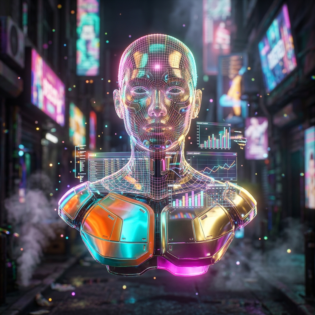 Eventum Terminal · Financial Strategy for Event Management — Finance & Fintech category hero — wireframe holographic human head made of glowing data points, floating in the frame center in Blade-Runner-style noodle-shop alley with dense neon signage in the background