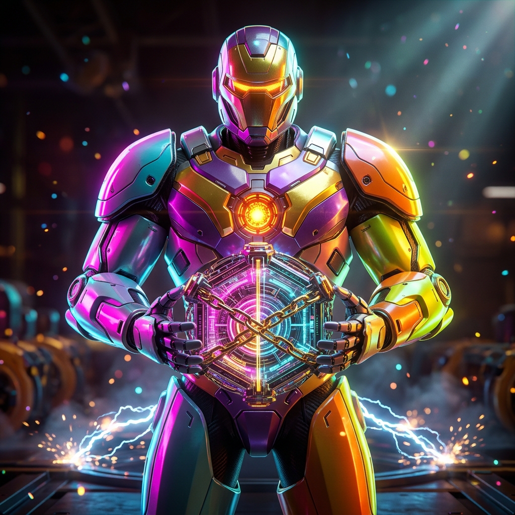 Everledger Suite | Compliance Intelligence Ledger — 3D Modeling category hero — heavily armored guardian robot holding a symbolic emblem of the category with both hands in magnetic-levitation factory floor with sparking arcs of electricity and machinery