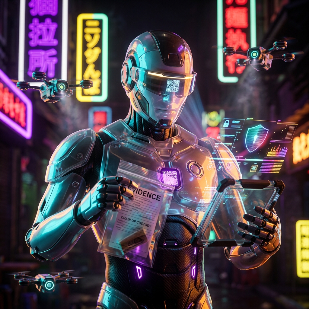 Evidence Chain Desk — Chain of Custody Command — Legal category hero — glowing digital shield / padlock / crown / crystal object at the frame center, protected by hovering tech drones in Blade-Runner-style noodle-shop alley with dense neon signage in the background