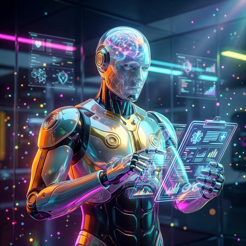 EvidenceLedger — Compliance Intelligence — Health category hero — translucent glass humanoid figure with a glowing neural-network brain visible inside its head in sleek high-tech laboratory with glass walls, floating data panels and particle light