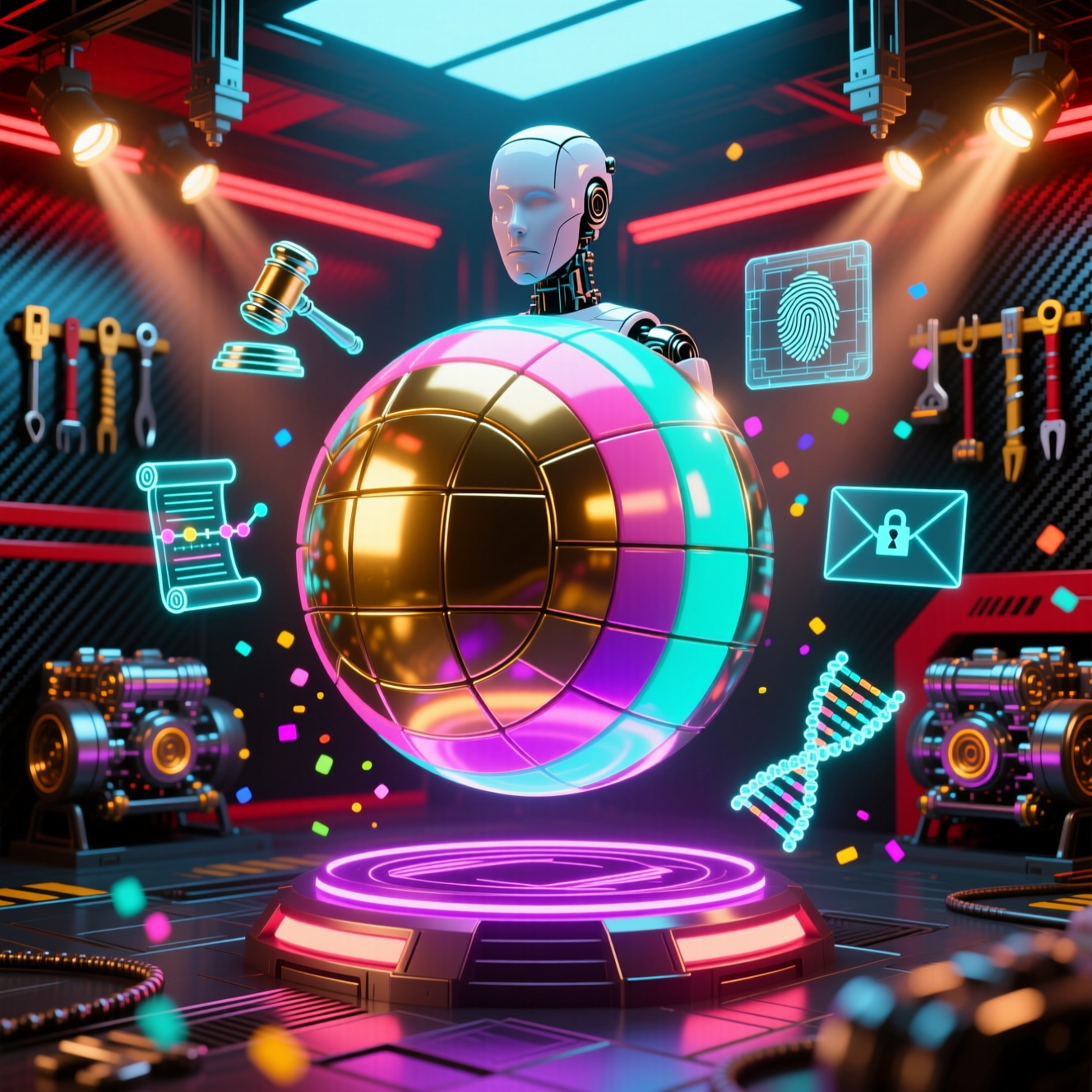 Evidentium — Trial Evidence Atlas — Legal category hero — floating spherical AI orb with concentric glowing rings and orbiting holographic icons around it in Formula-1 style pit garage with saturated color lighting and mechanical detail