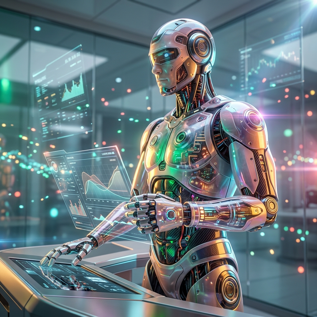 EvokeSphere · Financial Strategy Terminal for Life Coaches — Life Coaching & Personal Development category hero — cinematic cyborg character seen in three-quarter profile, exposed circuitry glowing beneath translucent skin, intense neon rim light in sleek high-tech laboratory with glass walls, floating data panels and particle light