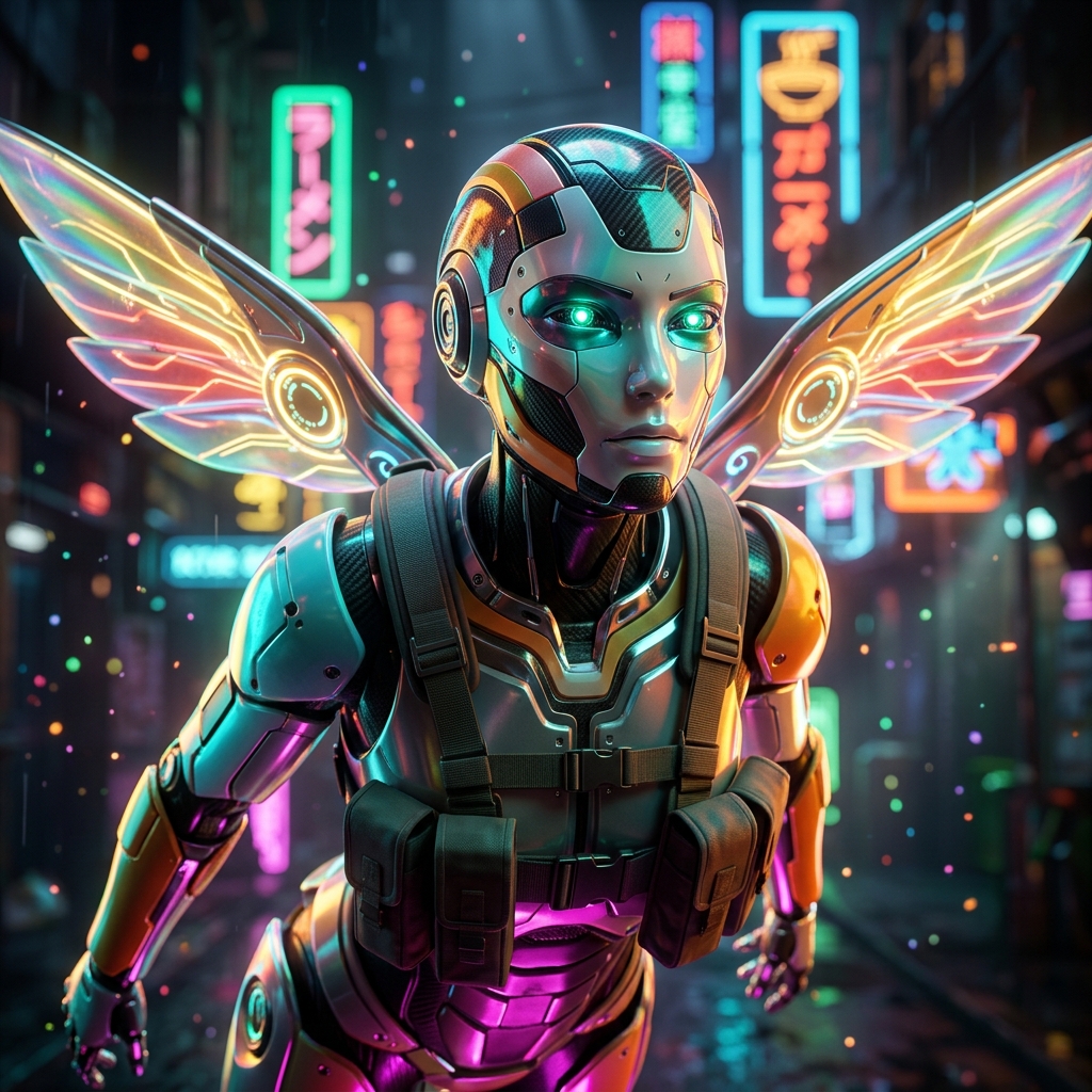 ExceptionLedger | Shipment Exception Desk — Shipping & Logistics category hero — courier-style android with iridescent wings unfurled, mid-flight silhouette against the environment in Blade-Runner-style noodle-shop alley with dense neon signage in the background