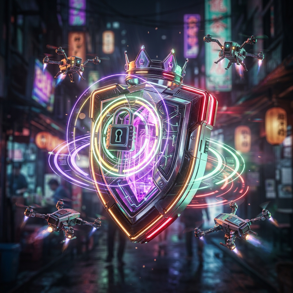 ExpenseForge Command — Corporate Spend & Reimbursement War Room — Expense Tracking category hero — glowing digital shield / padlock / crown / crystal object at the frame center, protected by hovering tech drones in Blade-Runner-style noodle-shop alley with dense neon signage in the background