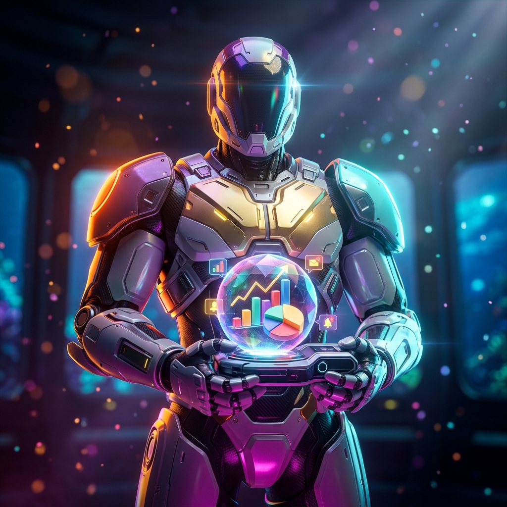 ExpenseOptic — Corporate Spend Command — Expense Tracking category hero — heavily armored guardian robot holding a symbolic emblem of the category with both hands in deep-sea research bay with bulkhead windows onto a bioluminescent ocean