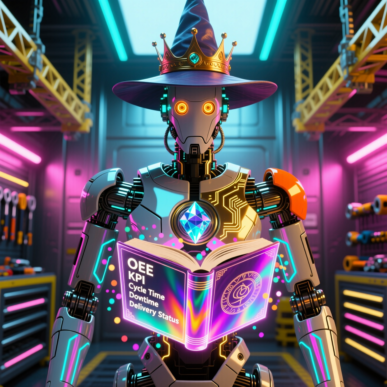 FactoryFlow Command — Delivery category hero — sci-fi wizard robot with a floating spellbook of holographic glyphs and light particles in Formula-1 style pit garage with saturated color lighting and mechanical detail