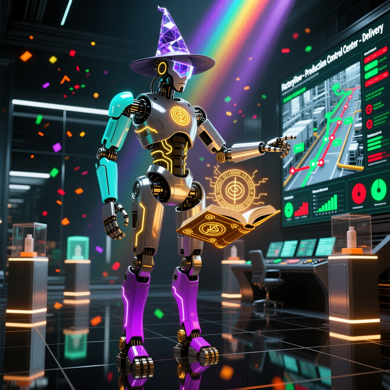 FactoryFlow Command — Production Control Center — Delivery category hero — sci-fi wizard robot with a floating spellbook of holographic glyphs and light particles in chrome-and-glass showroom with mirrored floor and rim-lit product staging
