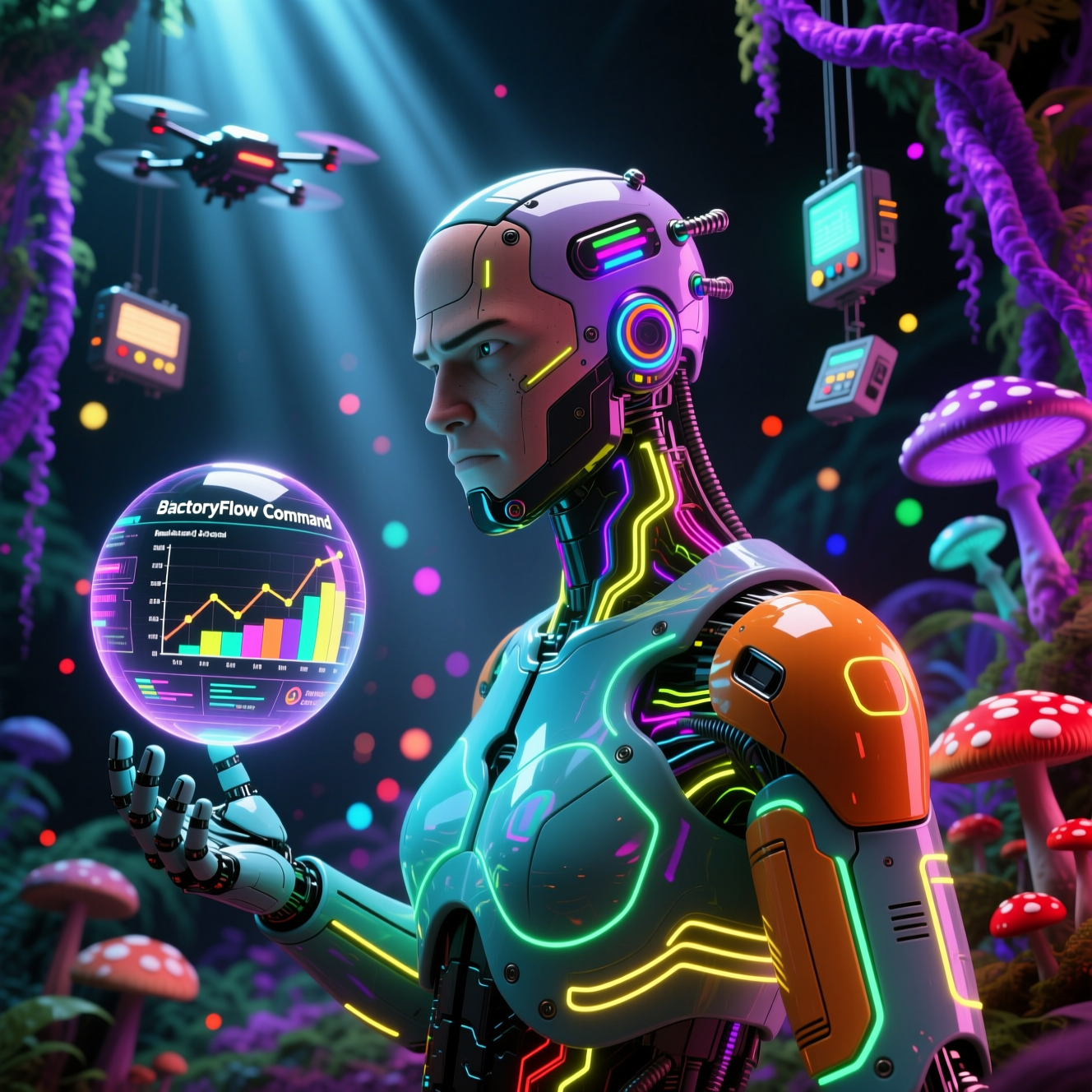 FactoryFlow Command — Production Management Platform — Delivery category hero — cinematic cyborg character seen in three-quarter profile, exposed circuitry glowing beneath translucent skin, intense neon rim light in alien jungle biome with glowing flora and floating tech artifacts