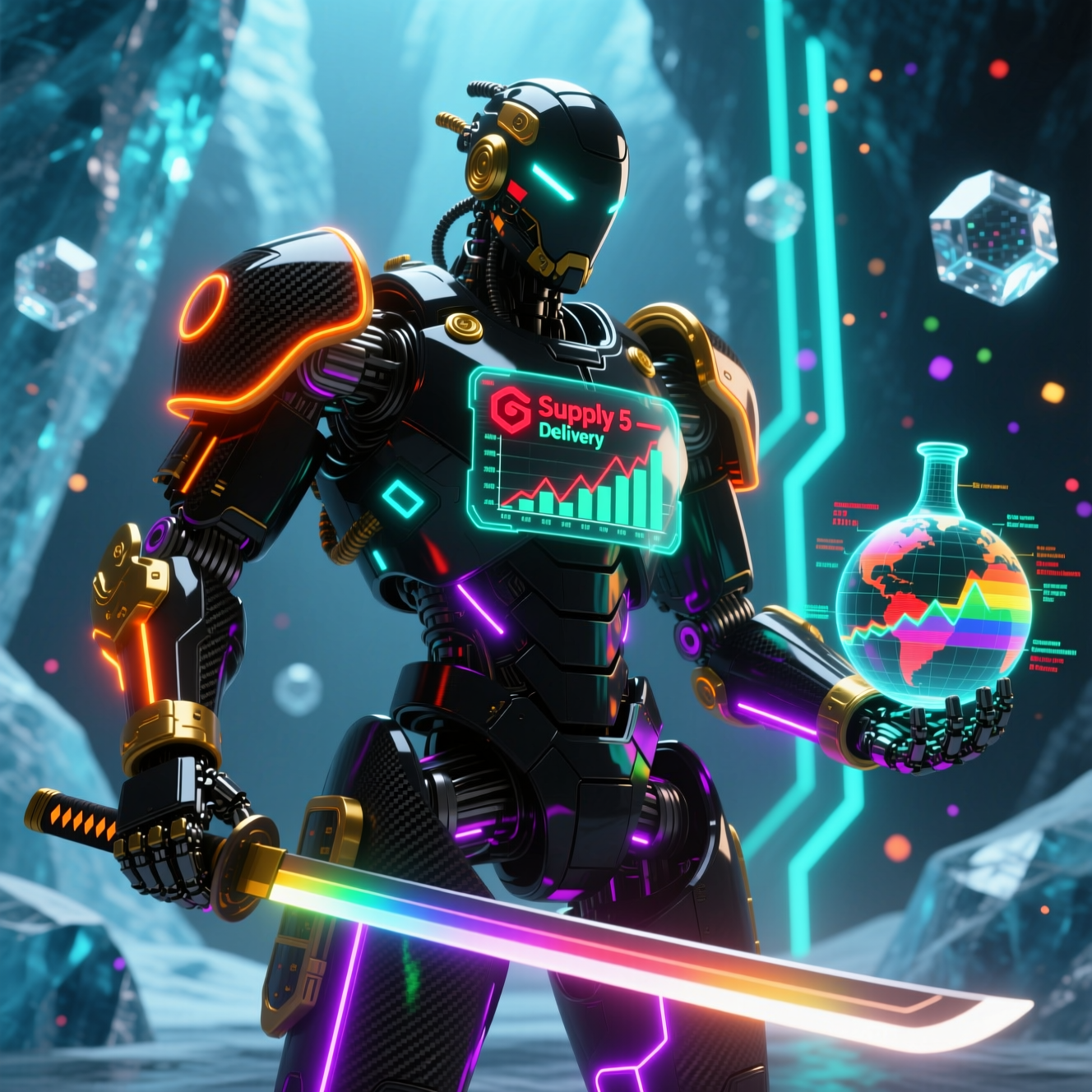 FactoryFlow Command — Production Management Platform Supply 5 — Delivery category hero — majestic samurai-styled mech in lacquered armor with neon under-glow, katana of light in hand in crystalline ice cavern lit by bioluminescent tech installations