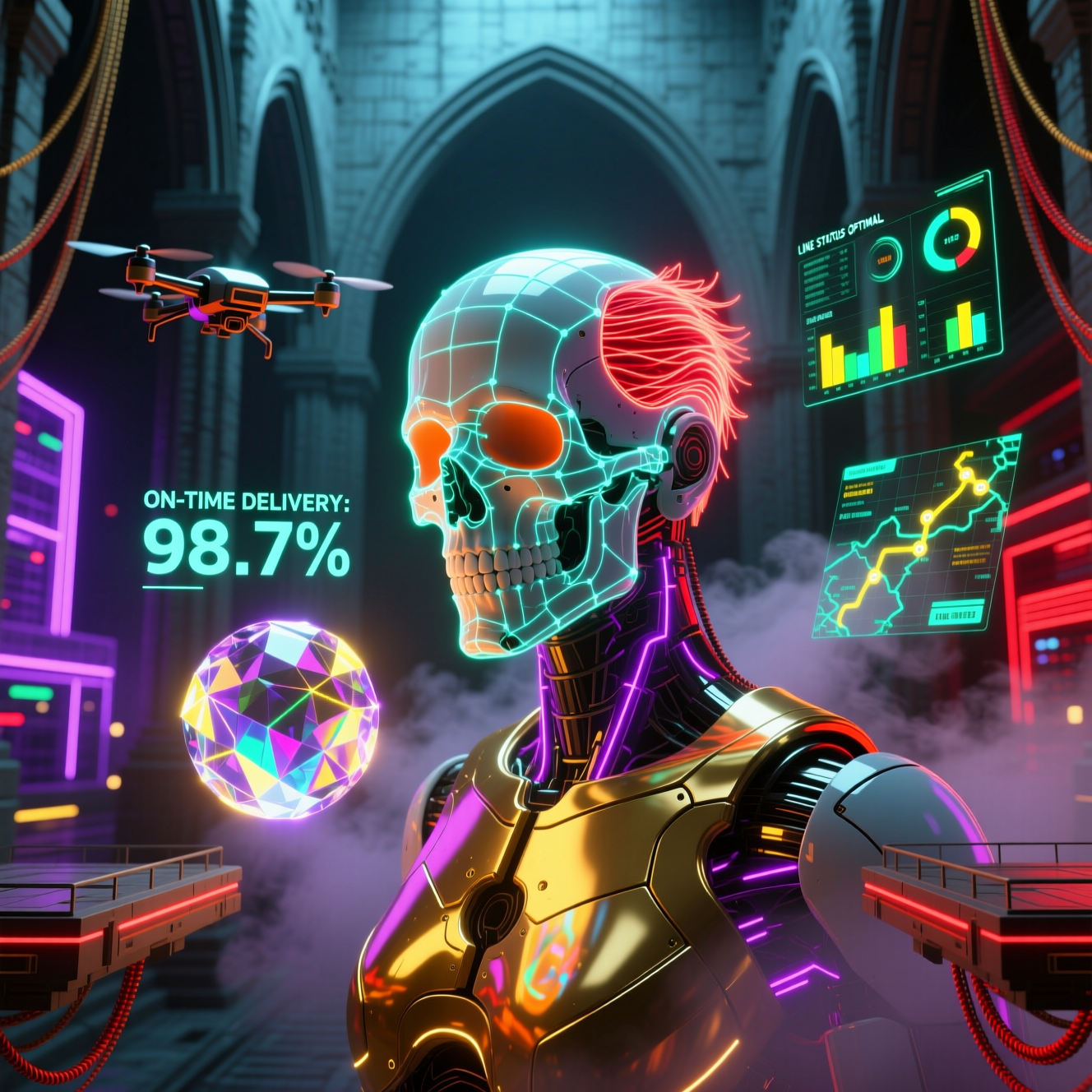 FactoryFlow Command — Production Mission Control — Delivery category hero — wireframe holographic human head made of glowing data points, floating in the frame center in underground rave-like data cathedral with laser beams cutting through smoke