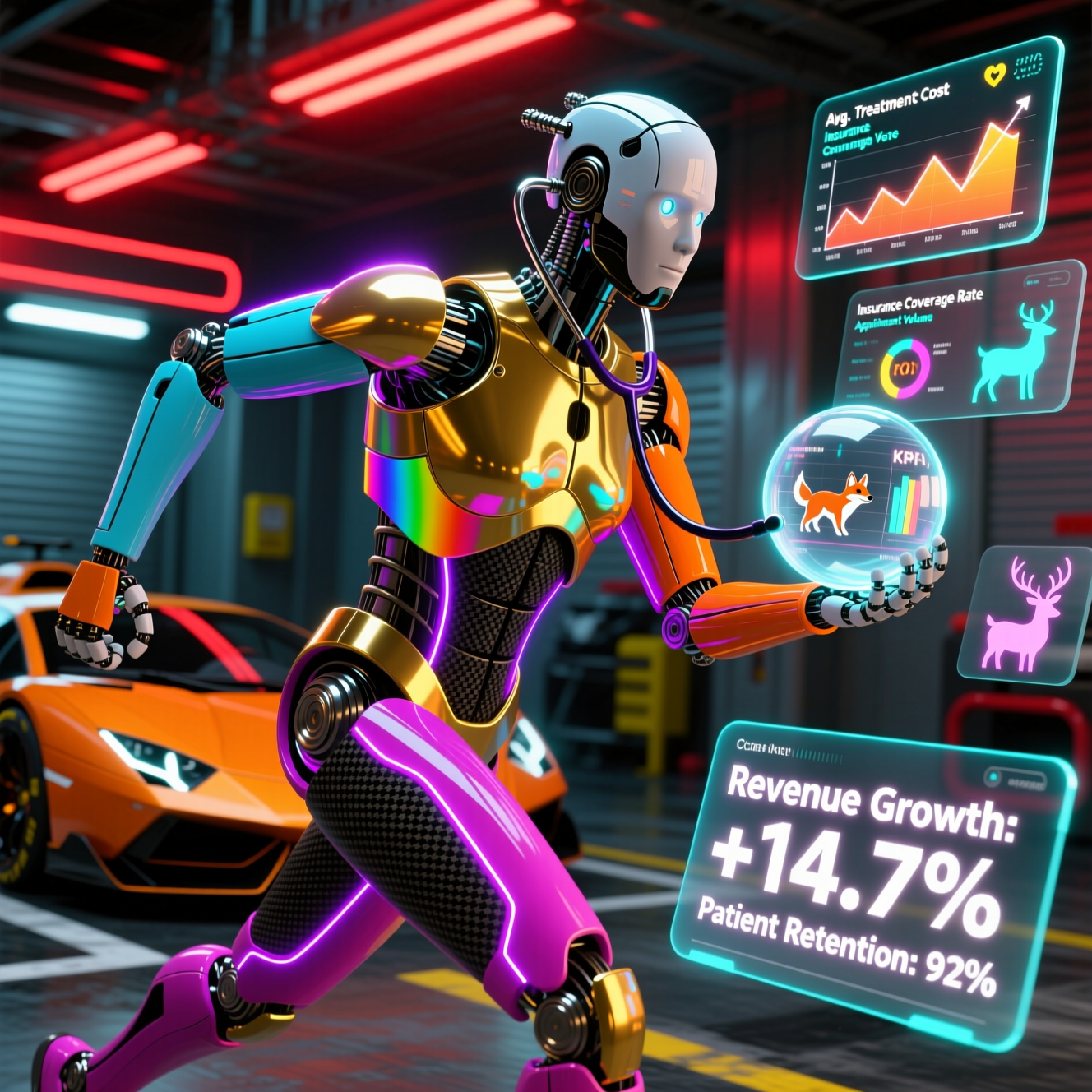 FaunaCapital — Veterinary Financial Strategy Terminal — Medical Services category hero — sleek sports-car-inspired bipedal android mid-motion, carbon-fiber musculature and glowing accent lines in Formula-1 style pit garage with saturated color lighting and mechanical detail