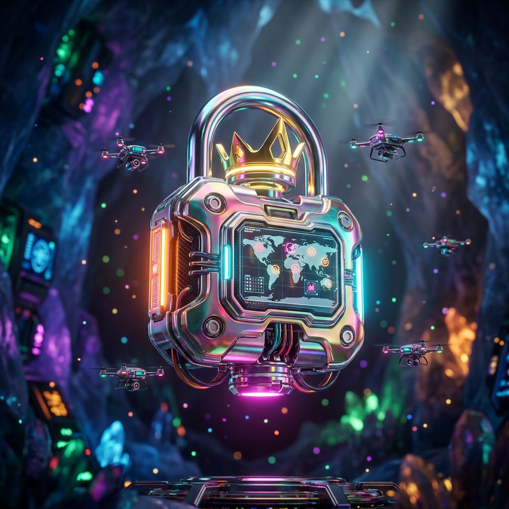 Fieldgrid Dispatch — operations grid for field journalism — 3D Modeling category hero — glowing digital shield / padlock / crown / crystal object at the frame center, protected by hovering tech drones in crystalline ice cavern lit by bioluminescent tech installations