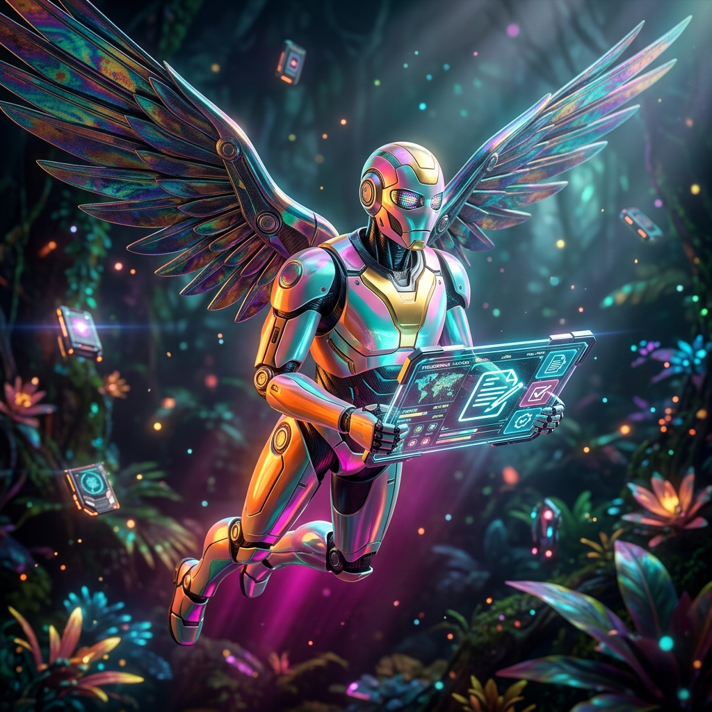 FieldGrid Tactical — Document & E-Signature Dispatch — Document Management category hero — courier-style android with iridescent wings unfurled, mid-flight silhouette against the environment in alien jungle biome with glowing flora and floating tech artifacts