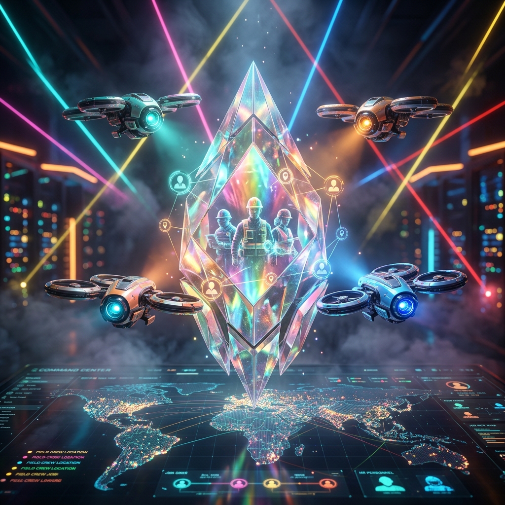 Fieldgrid Tactical — HR Field Operations Grid — HR & Recruiting category hero — glowing digital shield / padlock / crown / crystal object at the frame center, protected by hovering tech drones in underground rave-like data cathedral with laser beams cutting through smoke